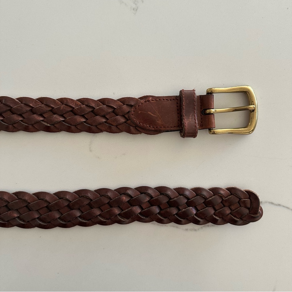 Vintage Braided Leather Belt With Rounded Square Brass Tone Buckle Dark Brown Xl